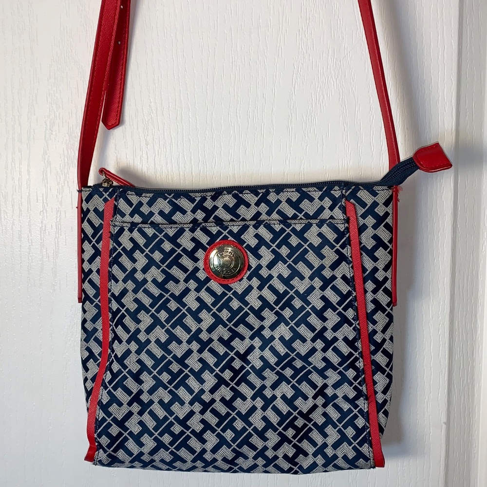 Tommy Hilfiger Blue Monogram Crossbody Bag Red Trim Logo – Navy Cream